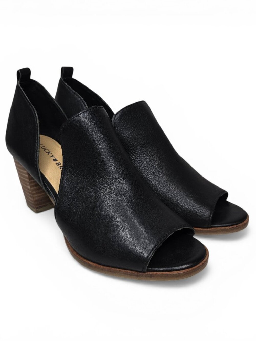 Lucky Brand Junai Bootie Heels Women Black Cut Out Block Heel Open Toe 7.5M